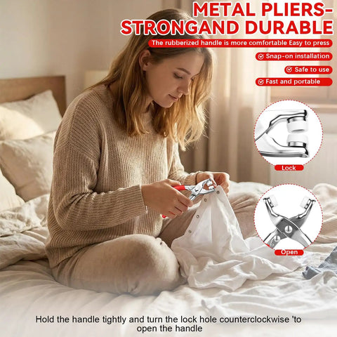 Woman using 9.5mm Snap Fasteners Kit With Pliers on fabric, 100 Piece Hollow Multicolor Metal Buttons In Transparent Storage Box nearby.