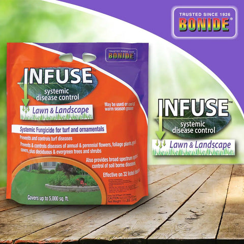 Infuse Lawn And Landscape Systemic Disease Control Ready To Use Granules For Turf And Ornamentals packaging on display