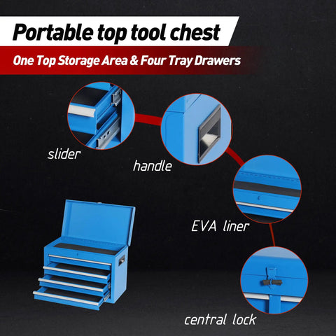 Badass Heavy Duty Rolling Tool Chest With Five Snappy Drawers And Detachable Top Box Lockup Wheels And Adjustable Shelf For The Ultimate Garage Gear Setup In Classic Blue, featuring four tray drawers and top storage area.