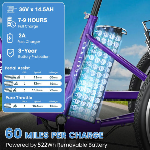 Stable 3 Wheel Electric Tricycle For Adults With 350W Motor 7 Speed Easy Rides No Sweat For Seniors And Daily Errands Comfortable Mobility Bike For Neighborhood Cruising And Grocery Runs. Purple frame battery close-up