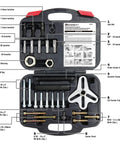 Harmonic Balancer Puller And Installer Tool Set For Cars And Light Trucks With Threaded Holes Includes Two Thirds Combo Yoke Five Eighths Inch By Five Eighths Inch Center Screw And Center Point Piece In Durable Storage Case Pro Grade, open view showing organized tools with labeled components.