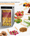Heavy Duty Commercial Dehydrator With Eighteen Trays And Jerky Hooks For Rolling Out Killer Beef Snacks Cured Meats Dried Fruits Herbs And Dog Chews With Smooth Quiet Fans And Extended Timers For Zero Sweat Batch Cooking Any Day with various dried foods displayed.