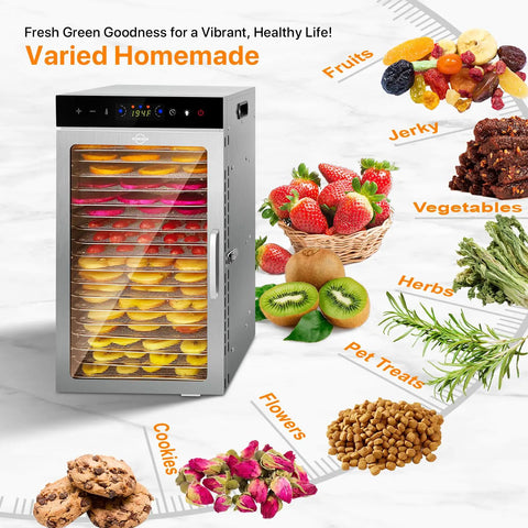 Heavy Duty Commercial Dehydrator With Eighteen Trays And Jerky Hooks For Rolling Out Killer Beef Snacks Cured Meats Dried Fruits Herbs And Dog Chews With Smooth Quiet Fans And Extended Timers For Zero Sweat Batch Cooking Any Day with various dried foods displayed.