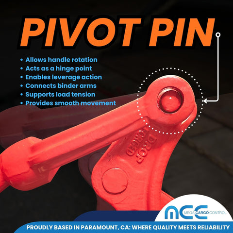 Pivot pin close-up of Heavy Duty Lever Snap Binders For Flatbed Trailers One Half To Five Eighths Inch Grade Seventy Transport Chains.