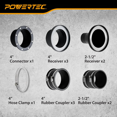 Components of Magnetic Dust Collection Fittings Kit For Four Inch And Two And A Half Inch Quick Connect Hose To Woodworking Machines