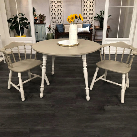 Refinished dining table and chairs using All In One Refinishing Paint For Furniture And Cabinets Linen Quart No Stripping No Sanding No Priming Needed Quick Easy Application Diy Friendly Makeovers Durable Finish For Upgrading Cabinets Tables Desks And More.