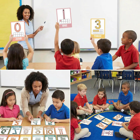 Children using Boho Number Card Set For Classroom 0 To 25 26 Pieces Math Poster Wall Chart with teacher guidance.