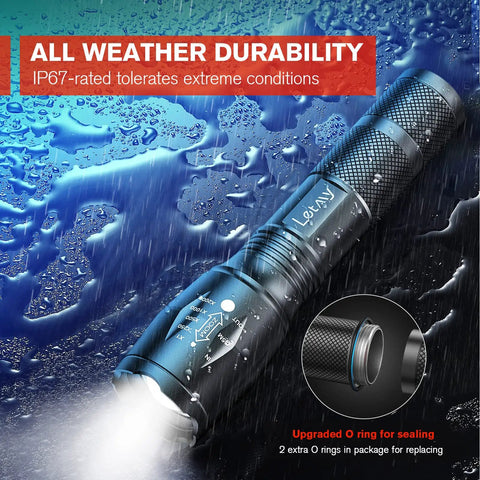 Beast Mode LED Tactical Flashlight S2000 4 Pack with zoomable beam five modes waterproof handheld for camping outdoor use.