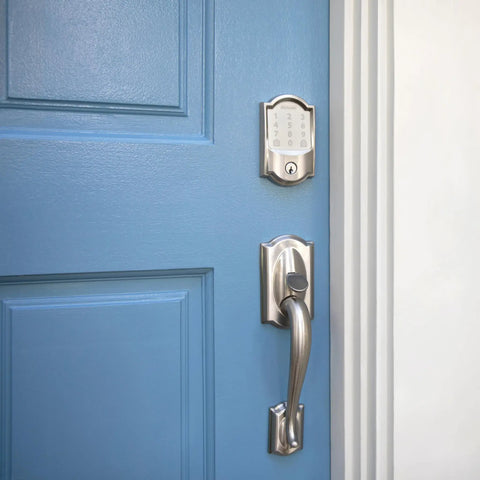 Camelot Trim Lower Half Front Entry Handleset With Avila Lever In Satin Nickel For A Dope Front Door Setup installed on blue door