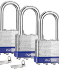 Three Pack One And A Half Inch Shackle Heavy Duty Padlocks With 40mm Hardened Steel Bodies Keyed Alike With Six Keys