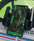 Rock Solid Golf Cart Phone Holder Steering Wheel Mount spring loaded grip holds phone snug on steering tube with scorecard.