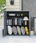 Beefy Outdoor Storage Cabinet With Doors And Shelf Grey Weatherproof HDPE Resin Box for patio or garden, shown open with items inside.