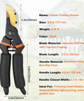 Front view of 8.5 Inch Pruning Shears With Titanium Coated Japanese SK5 Steel Blade, ergonomic handles, and blade specifications.