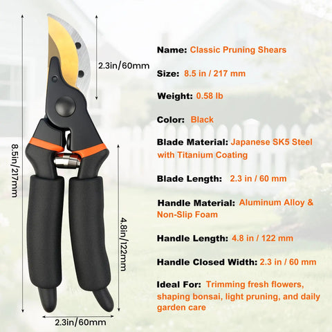 Front view of 8.5 Inch Pruning Shears With Titanium Coated Japanese SK5 Steel Blade, ergonomic handles, and blade specifications.