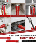 Tight Space Plumbing Tool Set With Basin Wrench And 8 In 1 Faucet Wrench in use for kitchen and bathroom repairs.