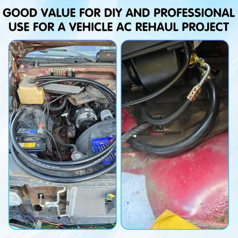 Auto AC Hose And Fitting Kit 32 Pc Set installed in vehicle engine bay for AC system repair project