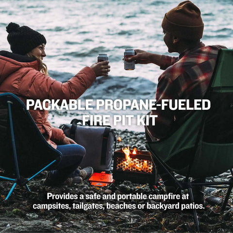 Portable Propane Fire Pit Kit With Hose And Adjustable Regulator In Rugged Ammo Can Design at beach campsite