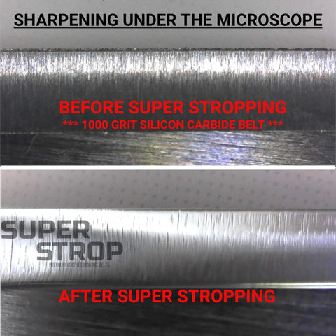 Close-up of knife edge before and after using 1X30 Knife Sharpening Belt Kit with Super Strop Leather Honing Belt and 15 Pack Silicon Carbide Belts in 600 800 1000 Grit for Razor Sharp Edges Complete Belt and Strop Set with Buffing Compounds.