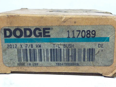 Dodge 117089 Split Taper Bushing 7-8 Inch ID packaging label with barcode and serial details