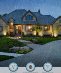 Rainy scene showcasing In Ground LED Well Lights Set, 7W, 720 Lumens, Low Voltage 12-24V AC DC, CRI90, IP67 Waterproof highlighting house