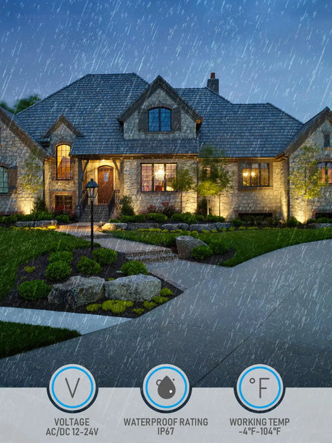 Rainy scene showcasing In Ground LED Well Lights Set, 7W, 720 Lumens, Low Voltage 12-24V AC DC, CRI90, IP67 Waterproof highlighting house
