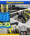 Macpherson Strut Spring Compressor Kit With Universal Interchangeable Yokes in use, showing application with BMW and Mercedes-Benz.