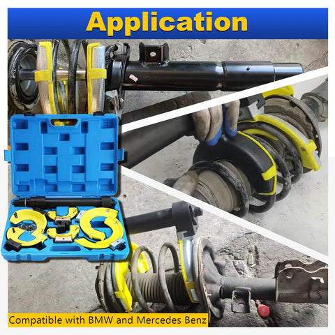Macpherson Strut Spring Compressor Kit With Universal Interchangeable Yokes in use, showing application with BMW and Mercedes-Benz.