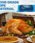 100 Pack Disposable Blue Poly Lug Liners, 22.75 By 20 Inches, 3 Mil Thick, food grade in use with roasted turkey and pie display