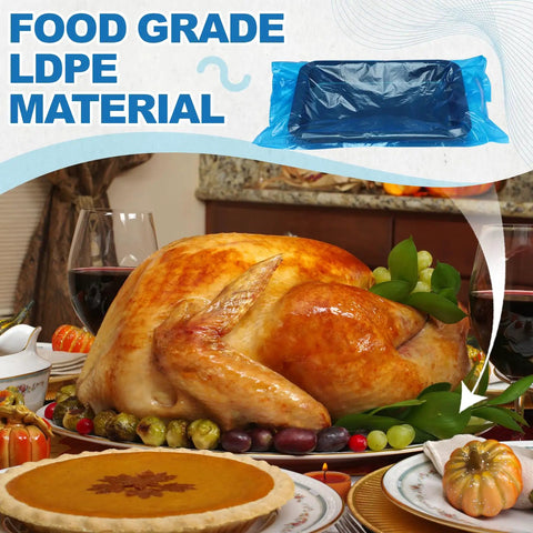 100 Pack Disposable Blue Poly Lug Liners, 22.75 By 20 Inches, 3 Mil Thick, food grade in use with roasted turkey and pie display