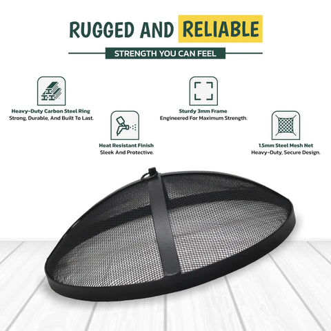 Heavy Duty 18.5 Inch Carbon Steel Fire Pit Screen Spark Protector with mesh netting and hook displayed on a table.