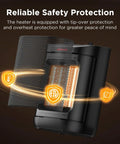1500W Ceramic Space Heater For Desk And Office showing safety features like overheat and tip-over protection