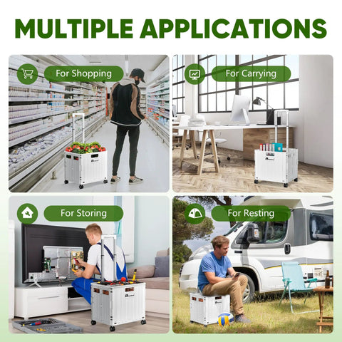 Heavy Duty Folding Utility Cart With 65L Capacity for shopping, office use, home storage, and outdoor travel applications.