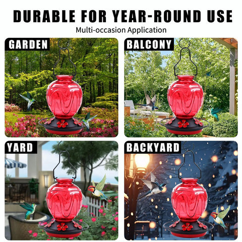 Red Glass Hummingbird Feeder For Outdoors Hanging 24 Ounce Nectar Feeder With Perch Five Flower Ports Leak Proof Base And Hook