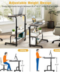 Hella Sturdy Adjustable Standing Desk On Smooth Lockable Wheels, Super Slick Rolling Laptop Station With Storage Shelves, Easy Setup Grey Oak showing height adjustment features.