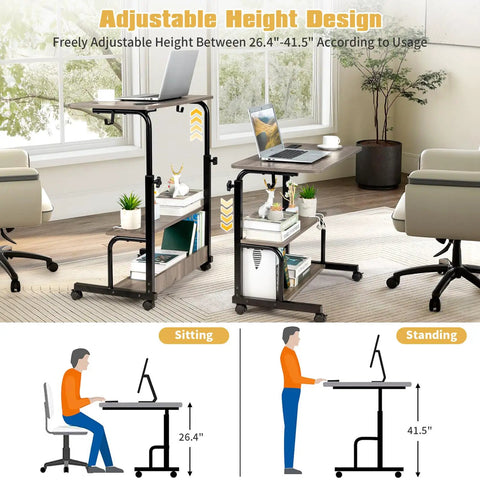 Hella Sturdy Adjustable Standing Desk On Smooth Lockable Wheels, Super Slick Rolling Laptop Station With Storage Shelves, Easy Setup Grey Oak showing height adjustment features.