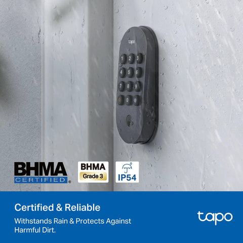 Weatherproof IP54 BHMA Grade 3 Smart WiFi Deadbolt With Keyless Keypad And Bluetooth Access mounted on door, wet conditions.