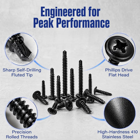 450 Piece Go-To Black Self Drilling Screws Kit With 410 Stainless Steel Assortment in upright position on grey surface