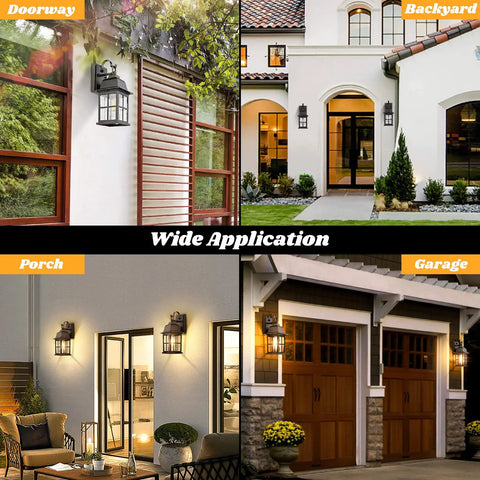 Two Pack Outdoor Wall Sconces With Solid Aluminum Oil Rubbed Bronze Finish shown on house exteriors for wide application use.