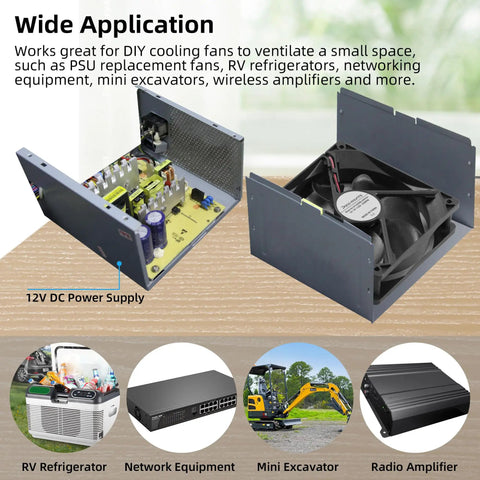 High Speed 12V DC 120mm Cooling Fan Set 120x120x25mm Quiet 1600RPM Dual Wire 2Pin Computer Case Fans For PC PSU Heat Sinks Enclosures 2 Pack With Strong 47CFM Per Fan And 94CFM Total Airflow in application images featuring cooling solutions