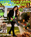 Woman using Cordless Leaf Blower With Battery And Charger, 2-Pack 20V Batteries Included, Turbo 180 MPH Airflow on autumn leaves