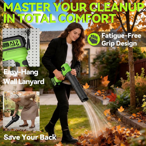 Woman using Cordless Leaf Blower With Battery And Charger, 2-Pack 20V Batteries Included, Turbo 180 MPH Airflow on autumn leaves
