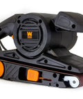 Go-To Corded Belt Sander With Dust Bag, 7 Amp Motor, 3 Inch By 21 Inch Belt, side view of the tool