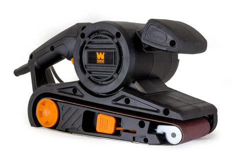 Go-To Corded Belt Sander With Dust Bag, 7 Amp Motor, 3 Inch By 21 Inch Belt, side view of the tool