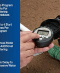 Battery Powered Outdoor Sprinkler Controller for yard installation showing timer and control options on display.
