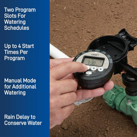 Battery Powered Outdoor Sprinkler Controller for yard installation showing timer and control options on display.