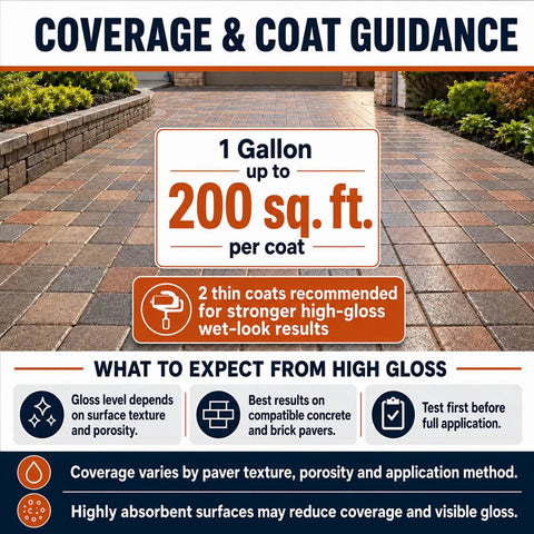 Coverage and coat guidance for Heavy Duty High Gloss Wet Look Paver Sealer For Concrete And Brick Walkways, showing application details.