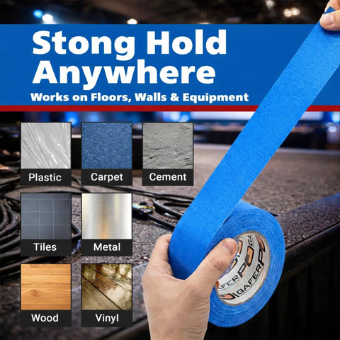 Electric Blue Gaffer Tape 2 Inch By 30 Yards No Residue Made In USA Pro Grade Matte Cloth Tape demonstrating strong hold on various surfaces.