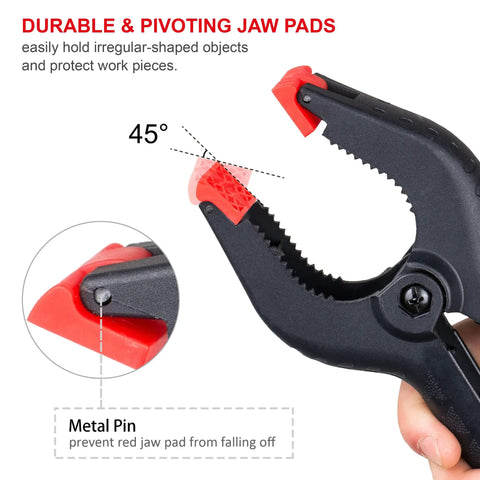 Close-up of nylon spring clamp with 45-degree jaw, part of 20-Pack Nylon Plastic Spring Clamps Four Sizes With String Bag Organizer