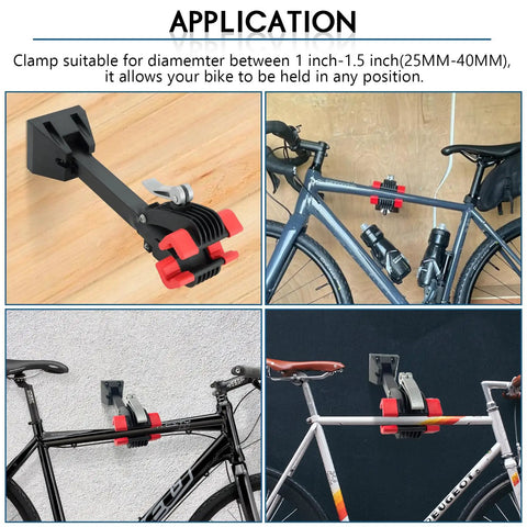 Wall Mount Bike Repair Stand With Foldable Heavy Duty Maintenance Rack And Adjustable Clamp installed in home workshop with bike.