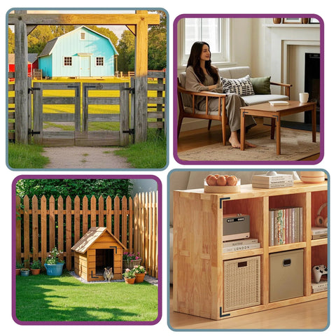 Collage of a countryside gate with a farmhouse, a woman sitting on a chair indoors, a dog house in a garden, and a wooden bookshelf with Flat L Brackets For Wood 120x120mm Stainless Steel Corner Braces Durable Matte Black Finish Ideal For Wood Frames Tables Chairs Sofas Beds Cabinets Doors Windows Mending Plates Pack Of 8.